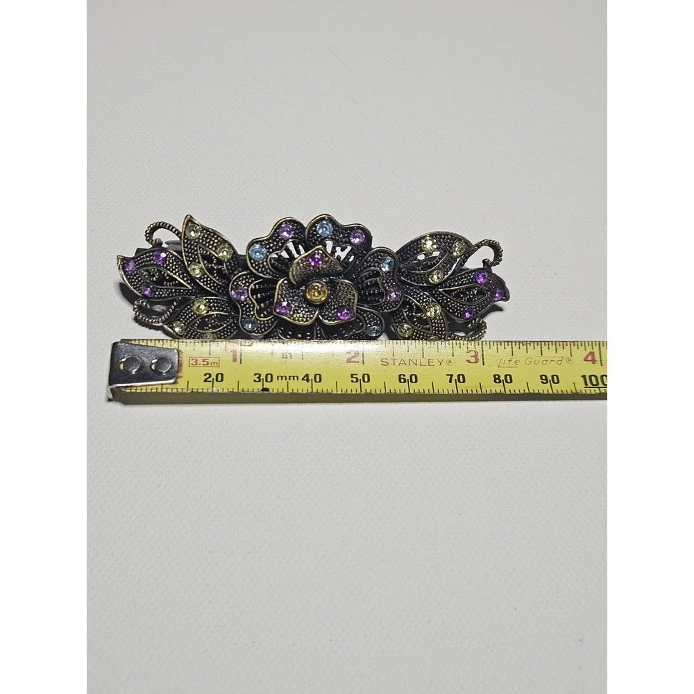 Vintage Antiqued Brass Floral Hair Barrette Clip Multicolor Rhinestone Flower